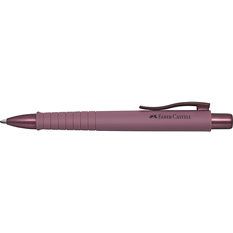 Ein dunkelroter Faber-Castell Kugelschreiber. Sichtbar sind der Stiftkörper, die Spitze, der Clip und der Schriftzug.