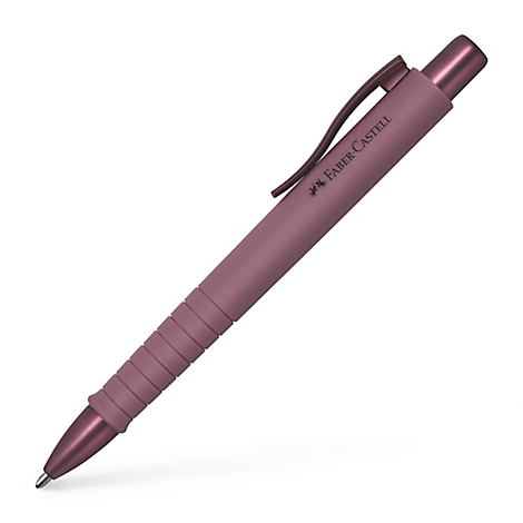 Ein rosafarbener Kugelschreiber von Faber-Castell mit Clip und Griffmulden, diagonale Perspektive.
