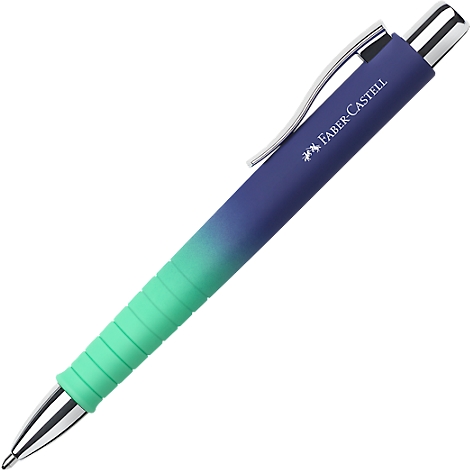 Kugelschreiber von Faber-Castell mit Farbverlauf von Dunkelblau zu Türkis und gerippter Griffzone.