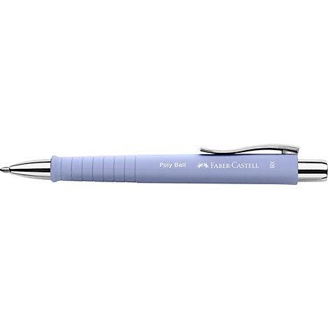 Hellblauer Faber-Castell Poly Ball Kugelschreiber mit silberfarbenen Akzenten. Schriftzug: Poly Ball, Faber-Castell.