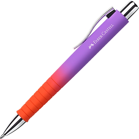 Lila-orangener Faber-Castell Kugelschreiber mit geriffeltem Griffstück vor weißem Hintergrund.