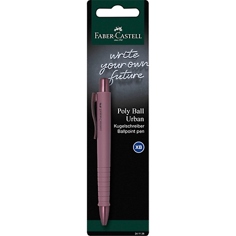 Roze Faber-Castell Poly Ball Urban pen op zwarte achtergrond met de tekst "write your own future".