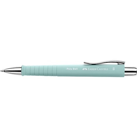 Turquoise balpen, met metalen punt en clip, tekst: 'Faber Castell'.