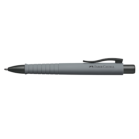 Grijze balpen met zwarte clip. Faber Castell merktekst.