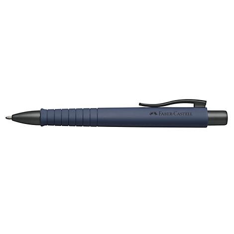 Blauwe balpen met zwarte clip en het Faber-Castell logo.