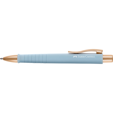 Lichtblauwe Faber-Castell balpen met gouden accenten. De pen heeft een clip en het Faber-Castell logo is zichtbaar.