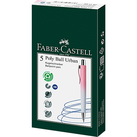 Een groene Faber-Castell verpakking met een roze balpen. De woorden 'Poly Ball Urban' en 'balpen' zijn zichtbaar.