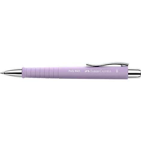 Lichtpaarse balpen. De pen heeft een zilveren clip en het opschrift "Poly Ball Faber-Castell."