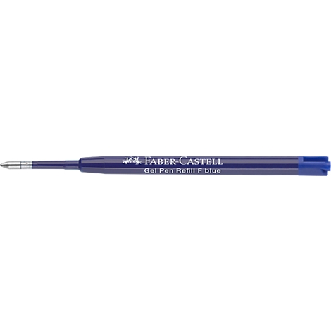 Blaue Faber-Castell Gelstift-Mine mit silberner Spitze und weißem Markenaufdruck auf horizontalem Hintergrund.