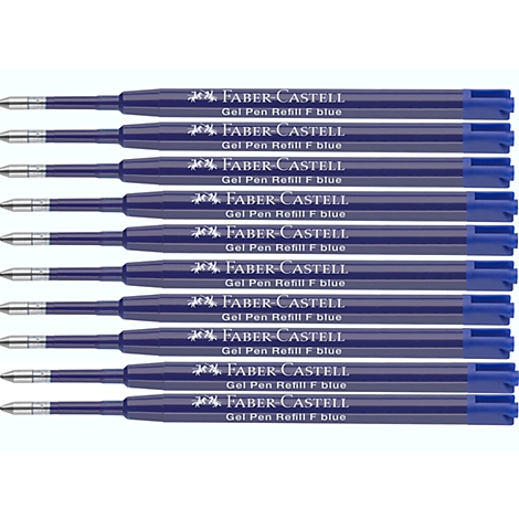 Zehn blaue Gelstift-Minen von Faber-Castell, horizontal angeordnet vor hellem Hintergrund.