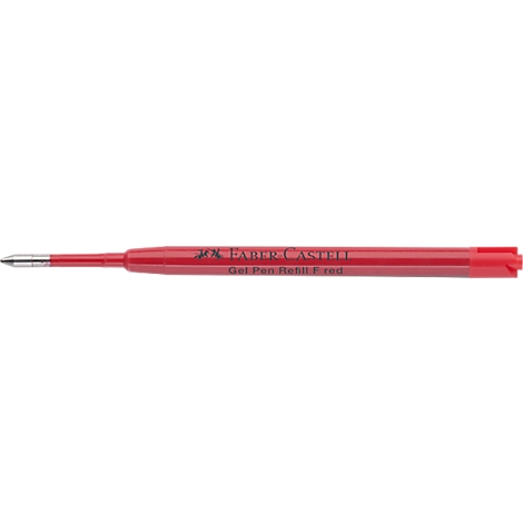 Rote Gelschreiber-Mine von Faber-Castell mit silberner Metallspitze auf weißem Hintergrund.
