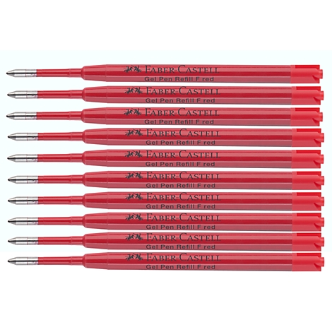 Zehn rote Gelstift-Minen von Faber-Castell, horizontal untereinander angeordnet vor weißem Hintergrund.