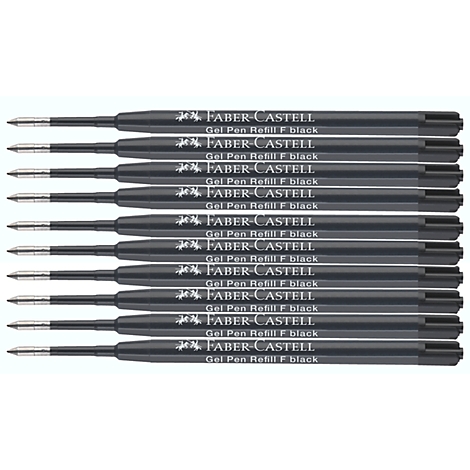 Zehn schwarze Faber-Castell Gelstift-Minen in der Strichstärke F, untereinander angeordnet.