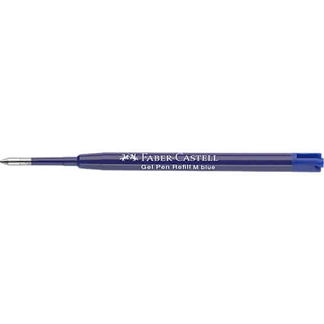 Blaue Faber-Castell Gelstift-Mine mit weißem Logo-Aufdruck auf weißem Hintergrund.