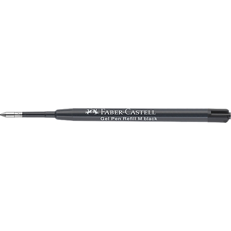 Schwarze Faber-Castell Gelstift-Mine mit metallener Spitze und weißer Beschriftung auf dem Gehäuse.