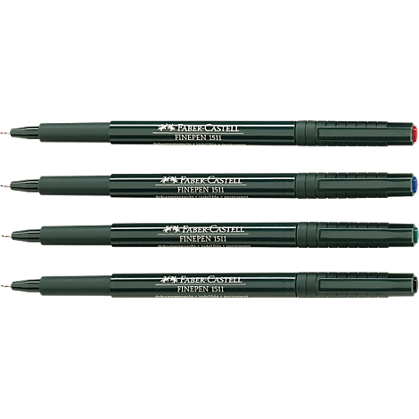 Four black Faber-Castell fine liners, with different colored caps: red, blue, green and black.