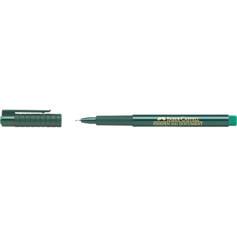 A green pen with an open cap. The pen says "FABER-CASTELL".