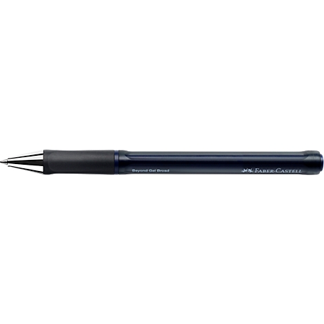 Blauer Faber-Castell Gelschreiber mit schwarzer Griffzone vor neutralem Hintergrund.