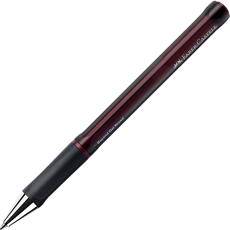 Dunkelroter Faber-Castell Gelschreiber mit schwarzer Griffzone und silberner Spitze vor weißem Hintergrund.
