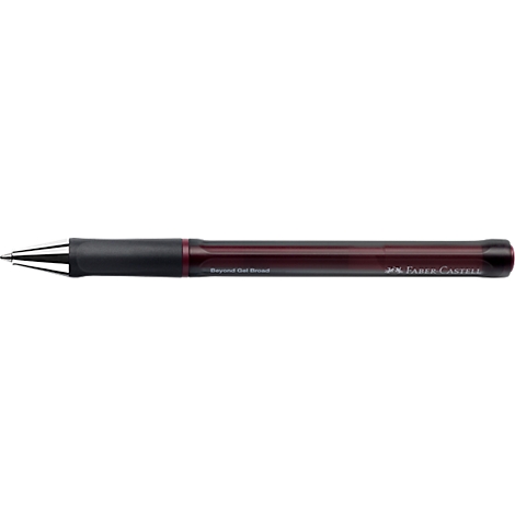 Dunkelroter Faber-Castell Gelschreiber mit schwarzer Griffzone und silberner Metallspitze vor weißem Hintergrund.