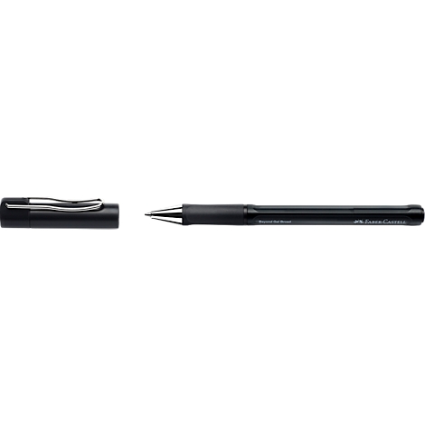 Schwarzer Kugelschreiber von Faber-Castell mit abgenommener Kappe und silbernem Clip vor neutralem Hintergrund.