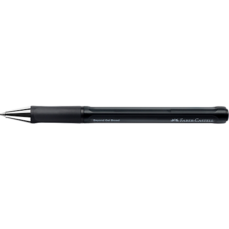 Schwarzer Faber-Castell Kugelschreiber vor weißem Hintergrund mit silberner Spitze.