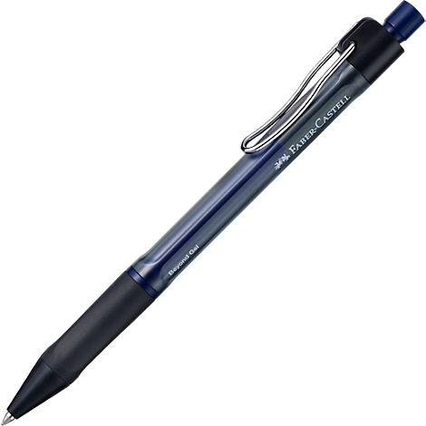 Ein dunkelblauer Faber-Castell Gelschreiber vor weißem Hintergrund mit silbernem Clip.