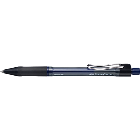 Blauer Faber-Castell Gelschreiber mit schwarzer Griffzone und silbernem Clip vor weißem Hintergrund.