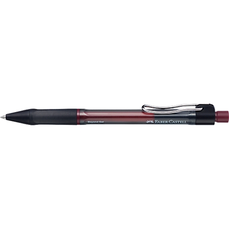 Dunkelroter Faber-Castell Druckkugelschreiber mit schwarzer Griffzone und silbernem Clip vor neutralem Hintergrund.