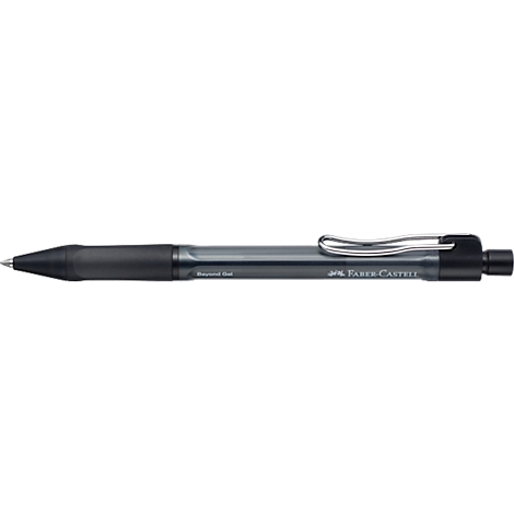 Schwarzer Faber-Castell Druckkugelschreiber mit silbernem Clip vor neutralem Hintergrund.