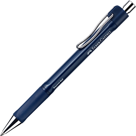 Dunkelblauer Kugelschreiber von Faber-Castell mit silbernem Clip und Spitze vor weißem Hintergrund.