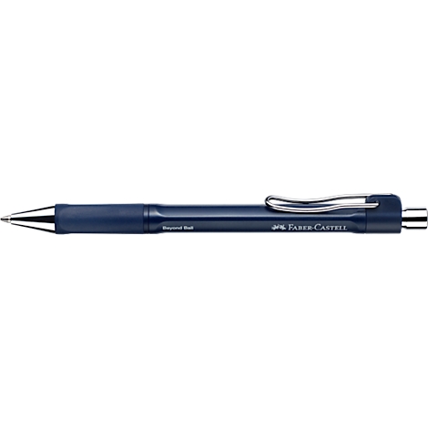 Dunkelblauer Faber-Castell Kugelschreiber mit silbernem Clip vor weißem Hintergrund.