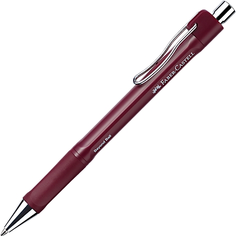 Dunkelroter Faber-Castell Kugelschreiber vor weißem Hintergrund mit silbernem Clip und Schreibspitze.