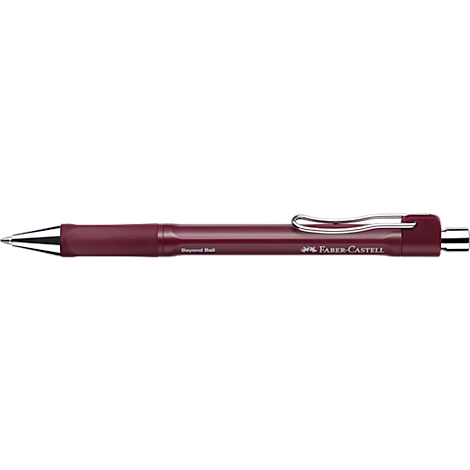 Dunkelroter Faber-Castell Kugelschreiber mit silberfarbener Spitze, Clip und Drücker vor weißem Hintergrund.