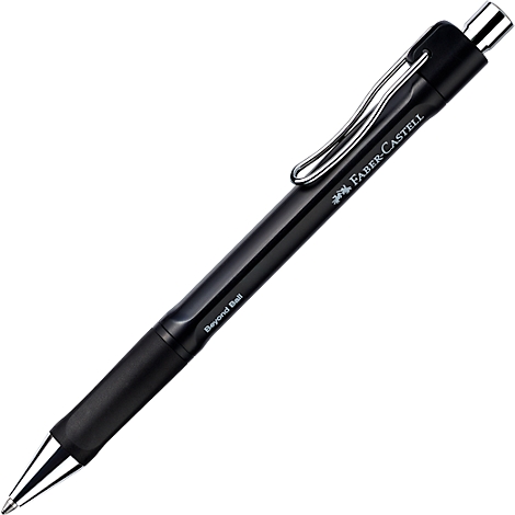 Schwarzer Faber-Castell Kugelschreiber Beyond Ball mit silbernem Clip und Drücker vor weißem Hintergrund.