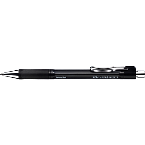 Schwarzer Faber-Castell Kugelschreiber mit silbernem Clip vor neutralem Hintergrund.