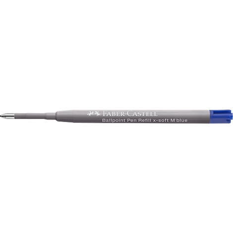 Blaue Kugelschreiber-Ersatzmine von Faber-Castell, Modell X-soft M, auf neutralem Hintergrund.