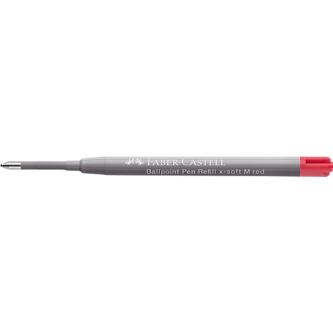 Graue Faber-Castell Kugelschreibermine mit roter Kappe und rotem Ende sowie weißem Logo-Aufdruck.