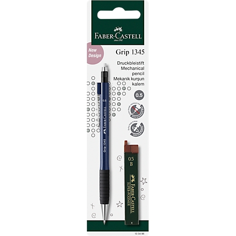 Grip 1345 mechanical pencil by Faber-Castell with lead pack. Blue colour, black grip, silver tip and print.
