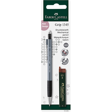 Gray mechanical pencil with black grip and lead package on a white background. Inscription: "Grip 1345", "Faber-Castell".