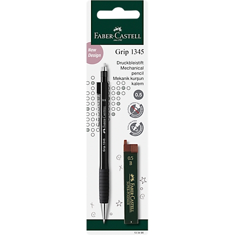 Black mechanical pencil and lead pack. Inscription: Faber-Castell Grip 1345, 0.5, B.