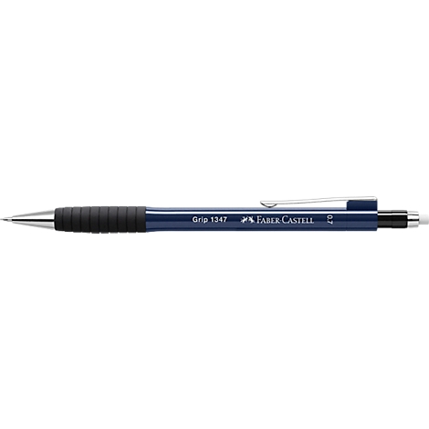 Blue ballpoint pen with black grip, silver clip and Faber-Castell logo.