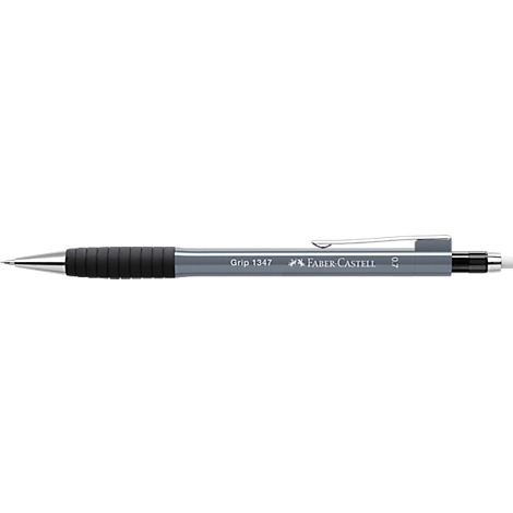 A gray Faber-Castell ballpoint pen. Black grip, metal clip, text "Grip 1347".