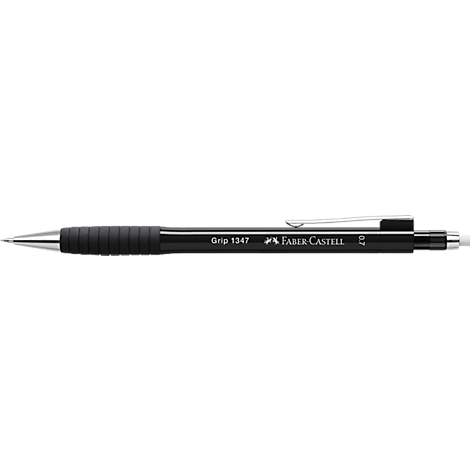 Black pen with silver tip and clip. Inscription: Grip 1347 Faber-Castell.