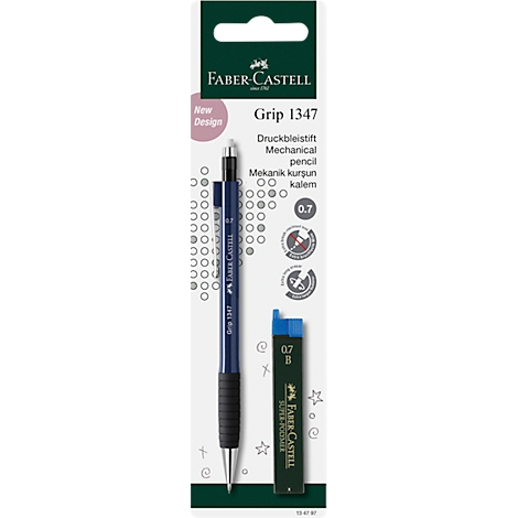 Blue mechanical pencil, Grip 1347, with lead refill pack, Faber-Castell, 0.7. Inscription: "New Design".