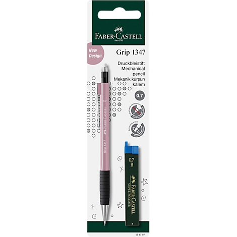 Pink mechanical pencil with black grip and lettering on white background. Next to it a pack of leads.