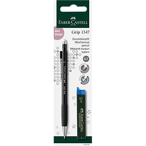 A black mechanical pencil and lead refills from Faber-Castell, against a white background.