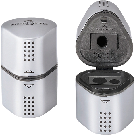 Silver Faber-Castell pencil sharpener with open compartment. Inscription: Faber-Castell, Color.