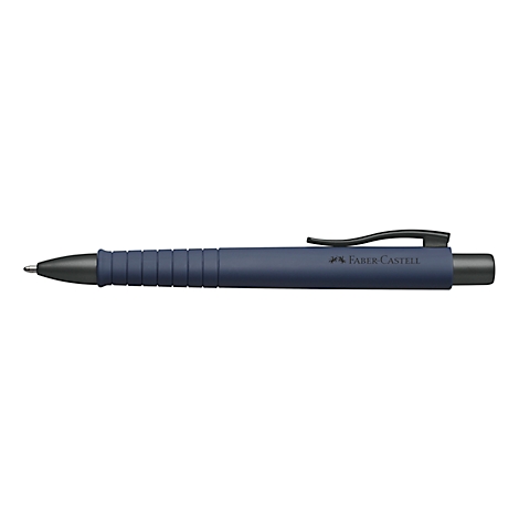 Blue ballpoint pen with black grip and clip, Faber Castell brand.