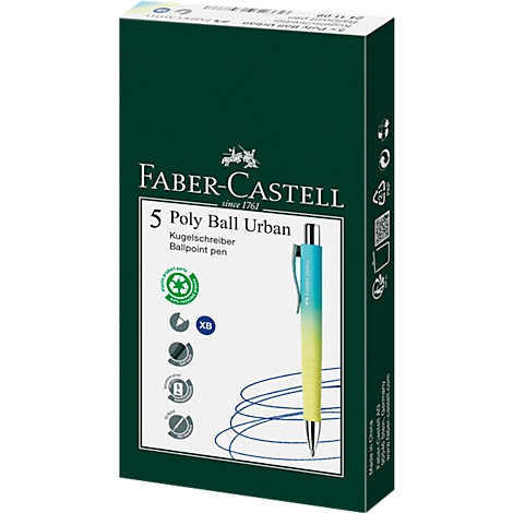 A green Faber-Castell box with a ballpoint pen. The pen is blue and yellow, next to it is the writing Poly Ball Urban.